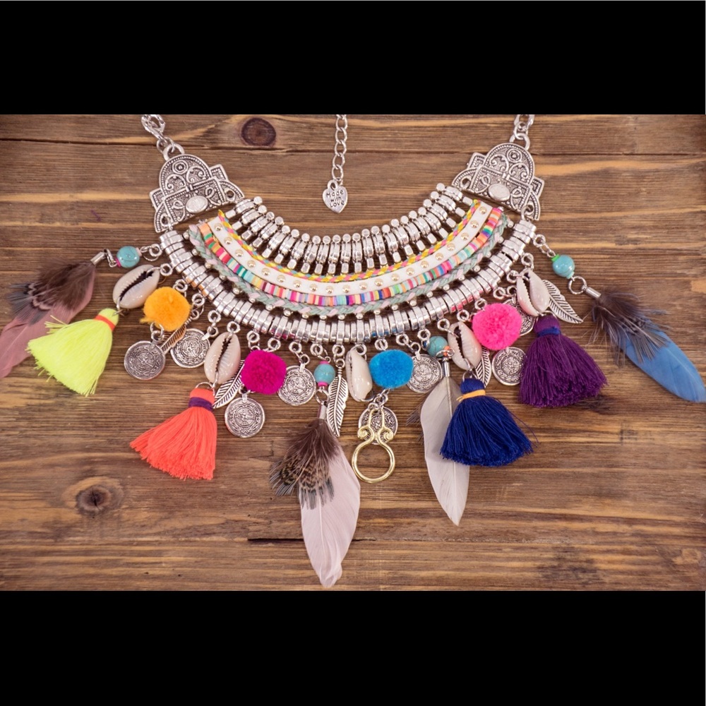 Boho Necklace Feather Shell Tassel Fringe Necklace